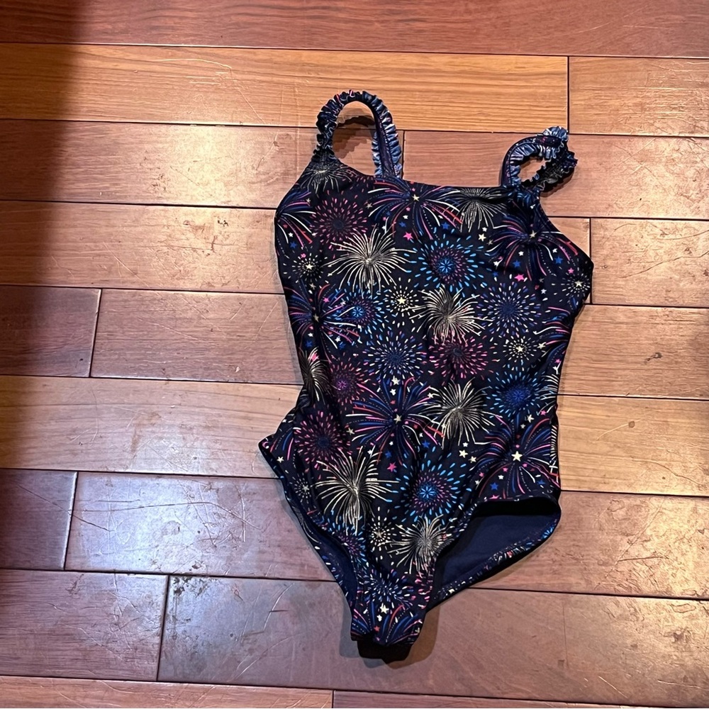 Cat & Jack Kids One-Piece Swimsuit - Black with Purple & Blue Fireworks Print